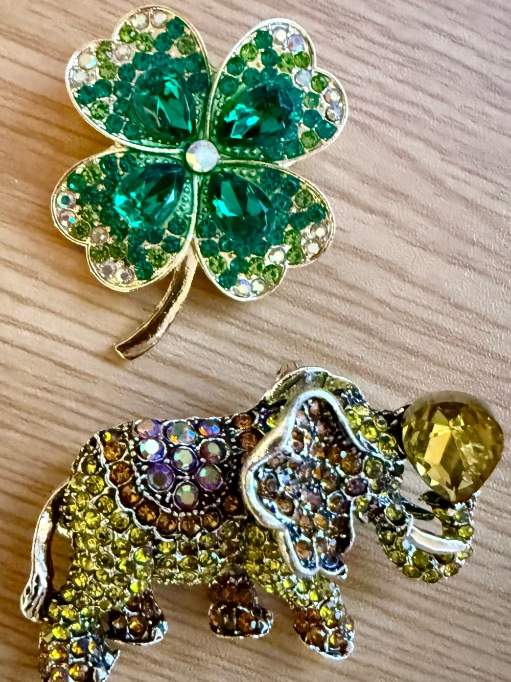Elephant Rhinestone and Clover Brooches! New